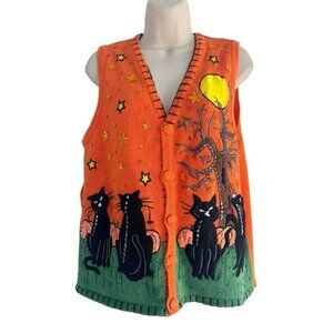 VTG 90s  Basic Editions Orange Halloween Vest Women's Sz M Black Cats Pumpkins